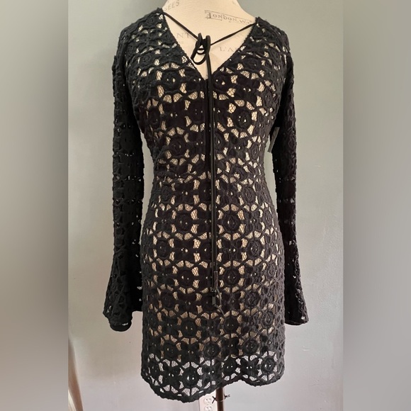 Free People Back to Black Lace/Nude Bell Sleeve Mini Dress, 8 - $168 - Picture 2 of 9
